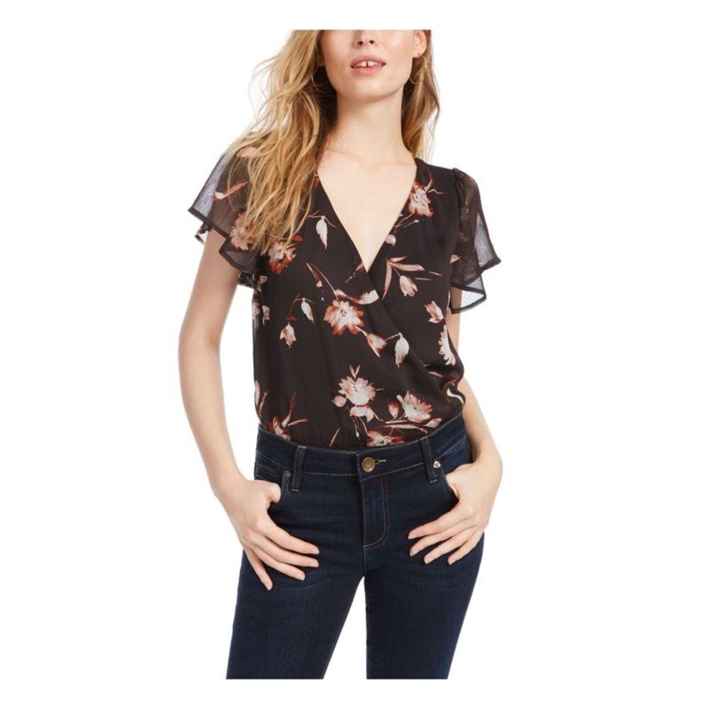 ASH & VIOLET Womens Snap Closure Flutter Sleeve V Neck Body Suit Top